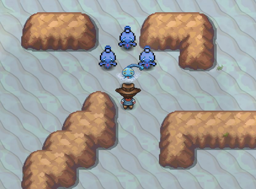 Manaphy on the south-east island of Route 213 with three Phione around it and the player below