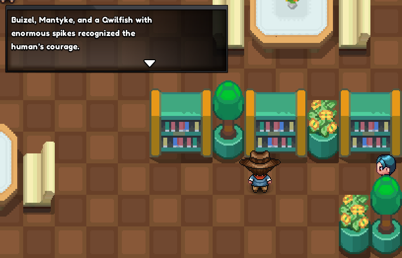 The player below the bookcases on the second floor of the Canalave Library, reading that Buizel, Mantyke and a Qwilfish with enormous spikes recognized the human's courage