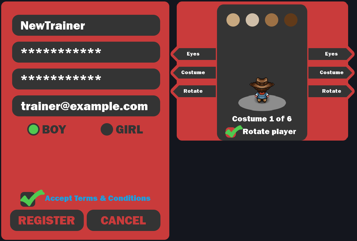 PBO account registration window with username, password and e-mail fields and a boy trainer preview