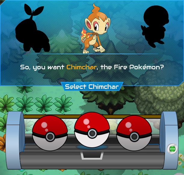 Starter selection window with Turtwig, Chimchar and Piplup, Chimchar highlighted