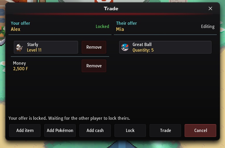 Trade window showing two offers, one locked and one still being edited