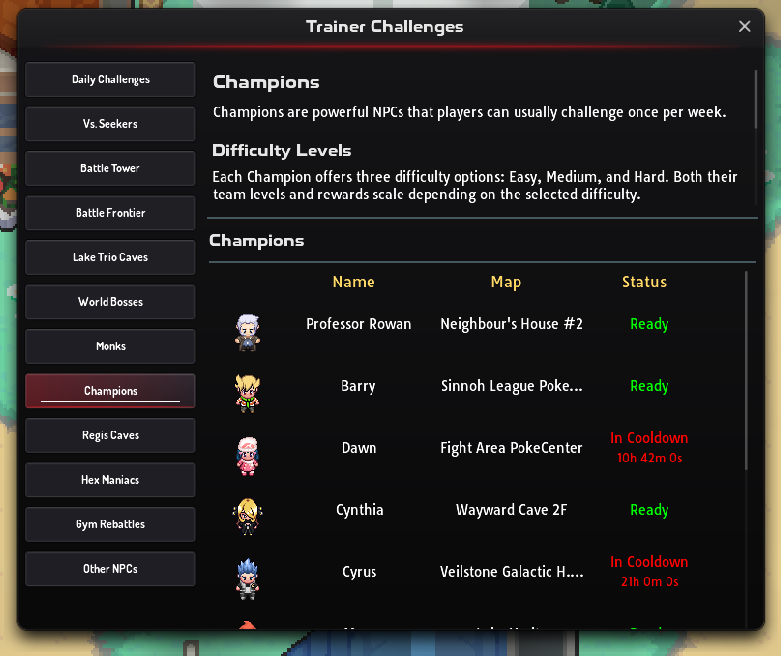 Trainer Challenges dialog listing champion battles and their cooldowns