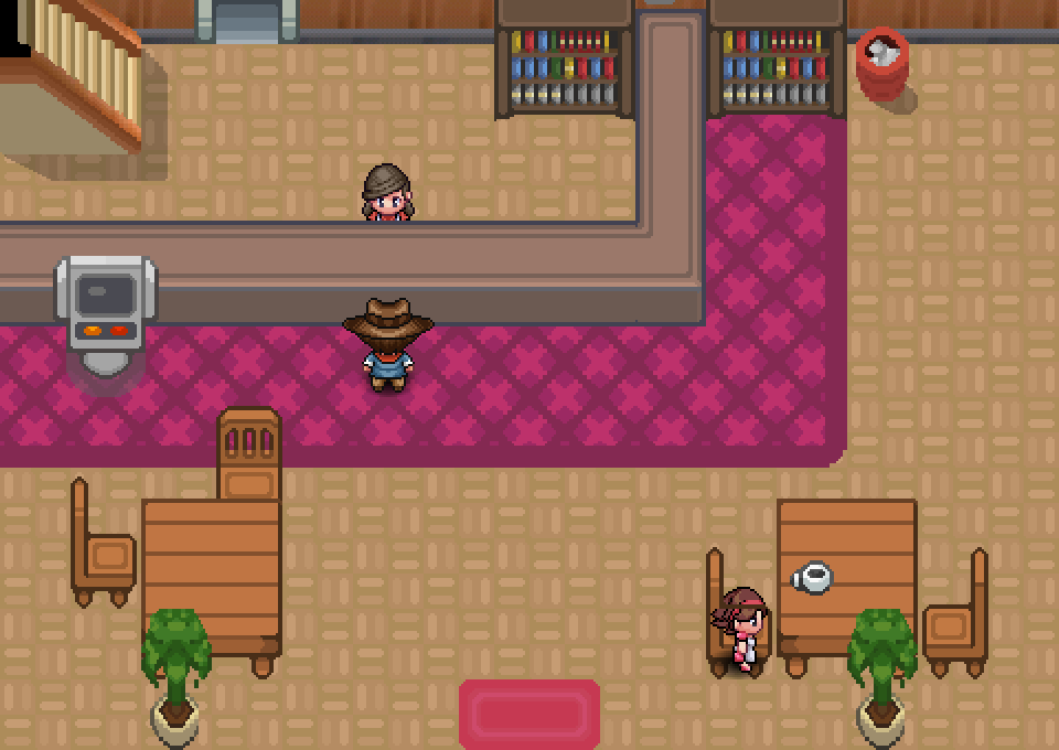 The player standing in front of Breeder Tia inside the Hoenn Daycare, with Trader Lia nearby.