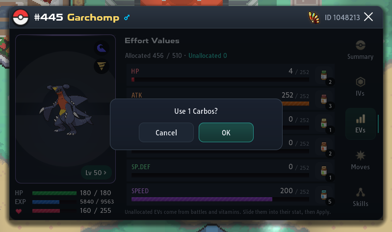 EVs tab for Garchomp with the question Use 1 Carbos? after pressing the Carbos at the end of the Speed row