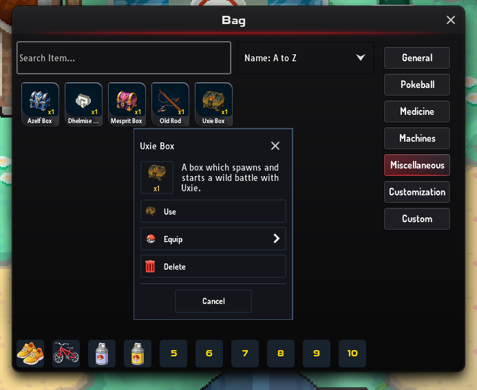 Bag open on Spawn Items with the Uxie Box selected and its description visible