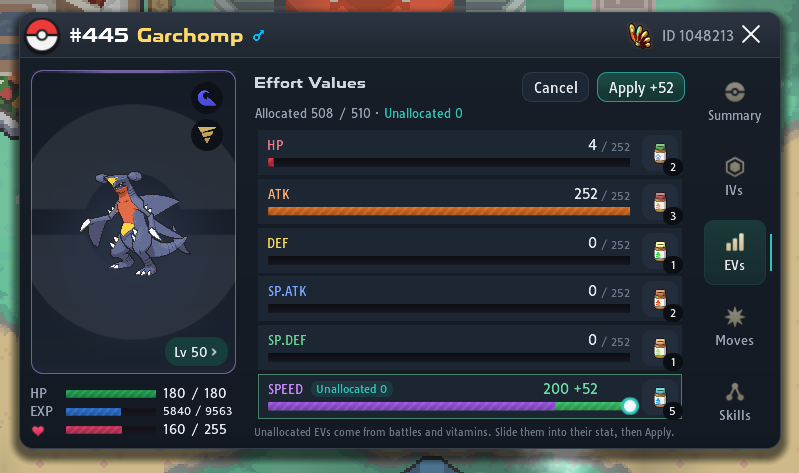 EVs tab for Garchomp: 4 HP, 252 Attack and 200 Speed allocated, 52 unallocated Speed EVs slid in and the Apply +52 button