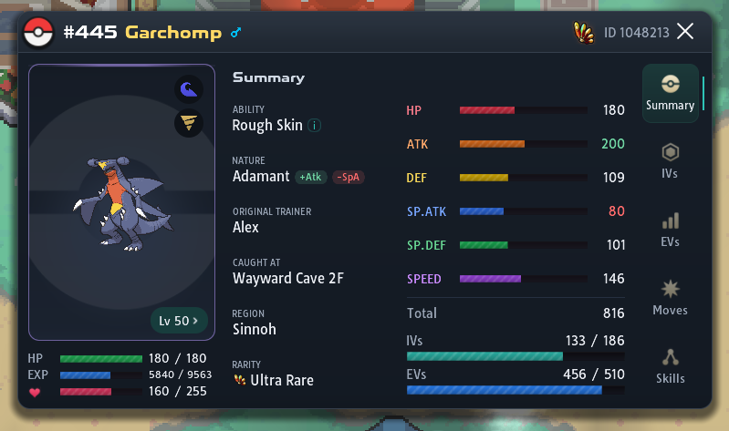 Summary tab of an Adamant Garchomp's card: +Atk and -SpA next to the nature, the Attack number in green and the Sp. Atk number in red