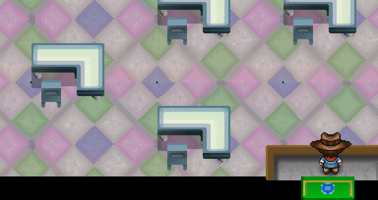 Grayroot school classroom with desks, the player standing next to the door in the bottom-right corner
