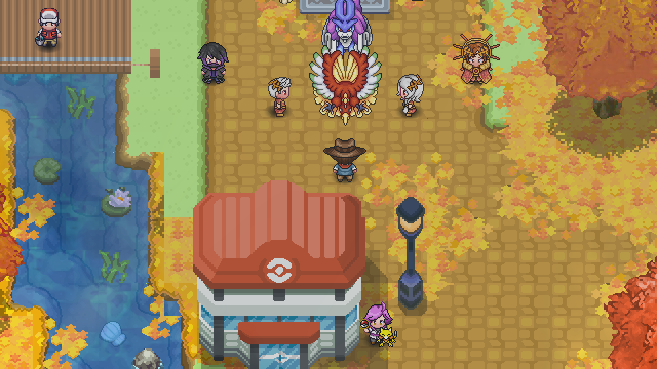 Ho-Oh in Amberwick Town between Commander Horus and Osiris, with the player in front