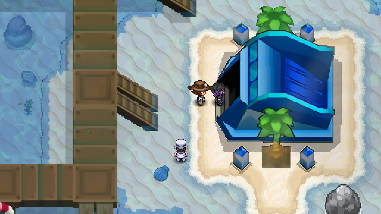 Commander Horus, a masked man, standing on the east side of Lehar Town with the player beside him