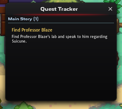 Quest Tracker window showing the Jvaloh story quest Find Professor Blaze