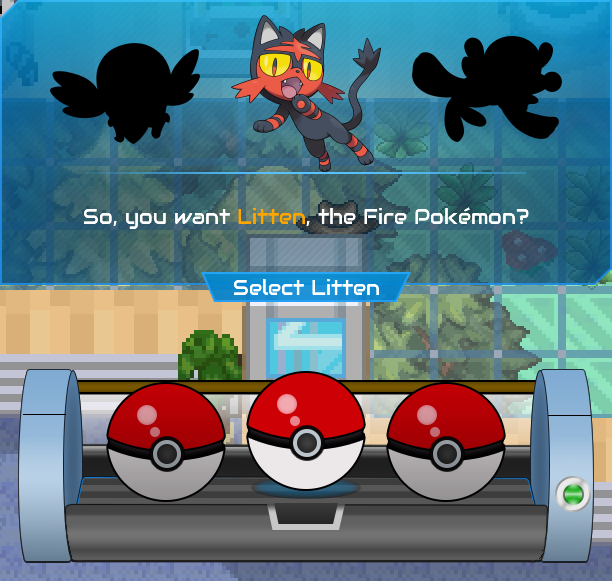 Starter selection window with Rowlet, Litten and Popplio, Litten highlighted