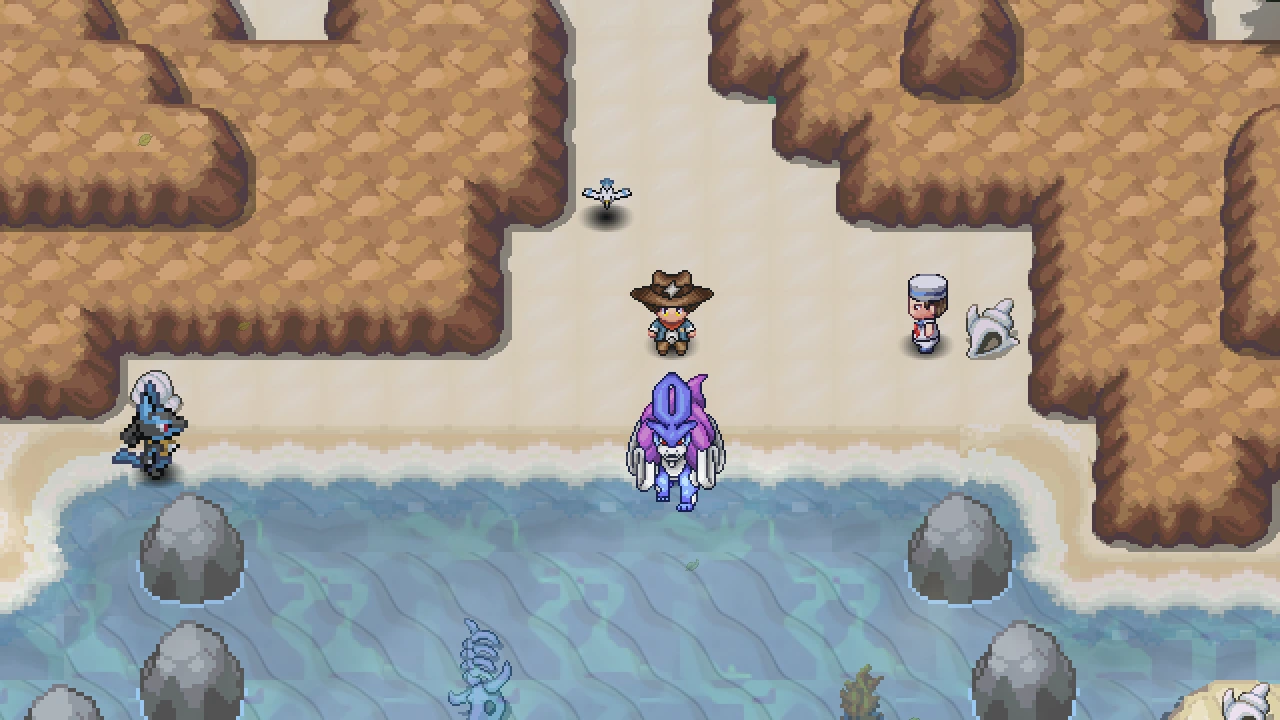 Suicune standing at the south end of the beach on Route 219, with the player in front of it