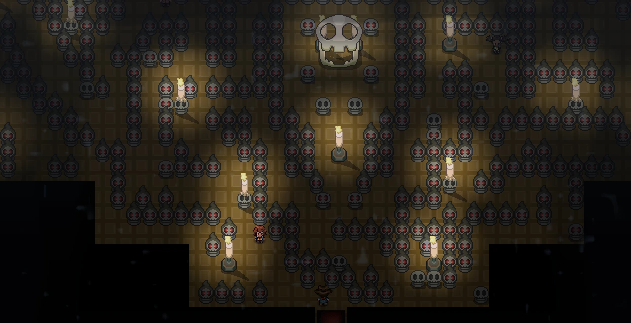 Dark Hearthome Gym room seen from its entrance, full of ghost statues and candles below a large skull