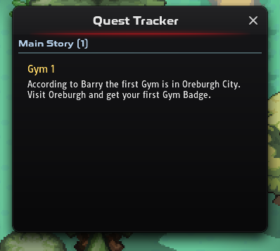 Quest Tracker window listing the Main Story quest Gym 1 and its description