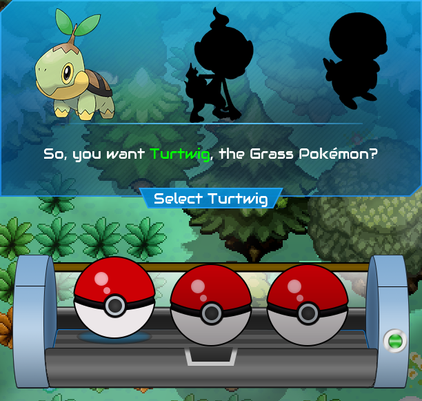 Starter selection window with Turtwig, Chimchar and Piplup