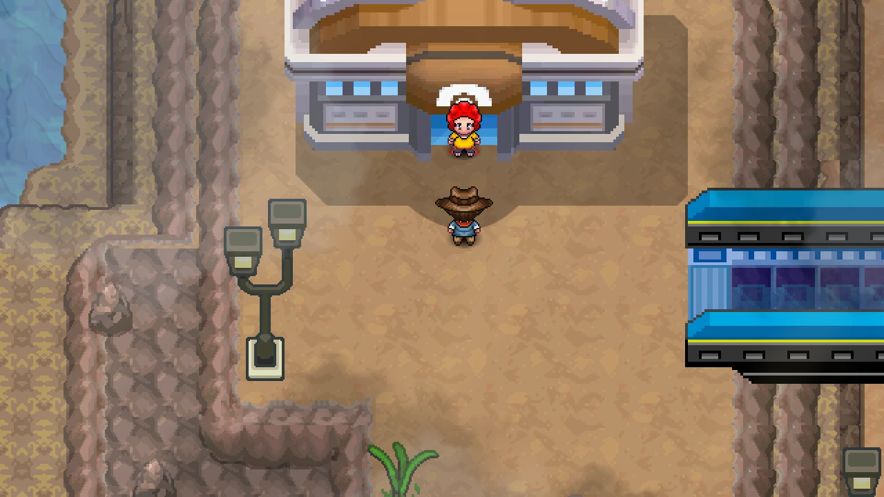 Flint of the Elite Four standing in front of Sunyshore Gym