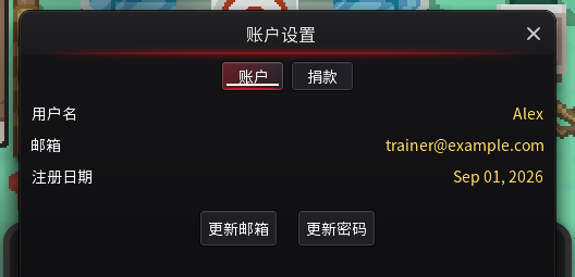 账户设置窗口,显示角色名、邮箱、注册日期和更新按钮